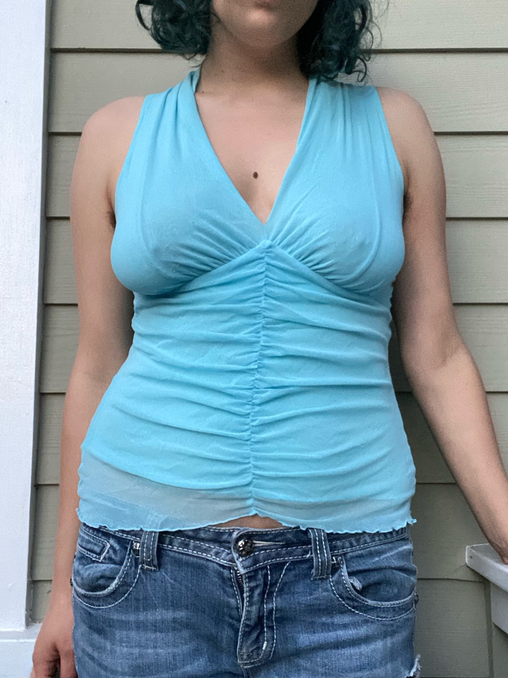 Y2K Weston Wear Light Blue Ruched V-Neck Women's Tank Top - Picture 2 of 6